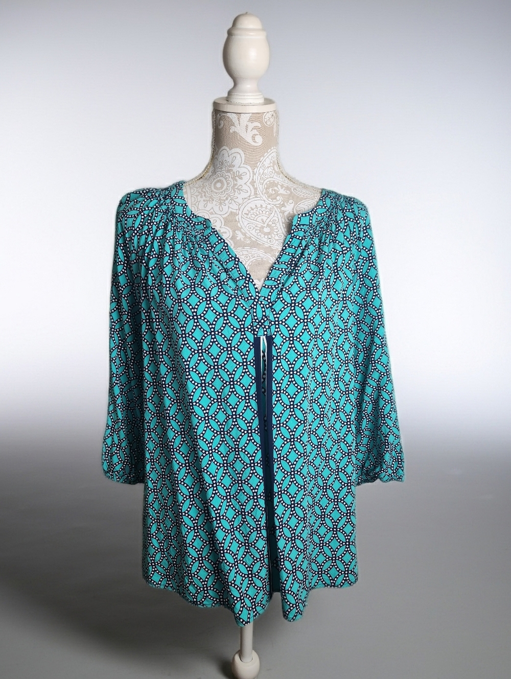 Crown & Ivy Curvy Womens Peasant Top  Kellv Green/Navy Size 3X